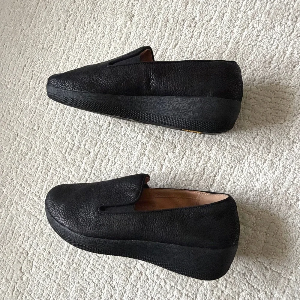 FitFlop Black Textured Leather Slip On Comfort Sneaker Loafer 7 38 Supercomff